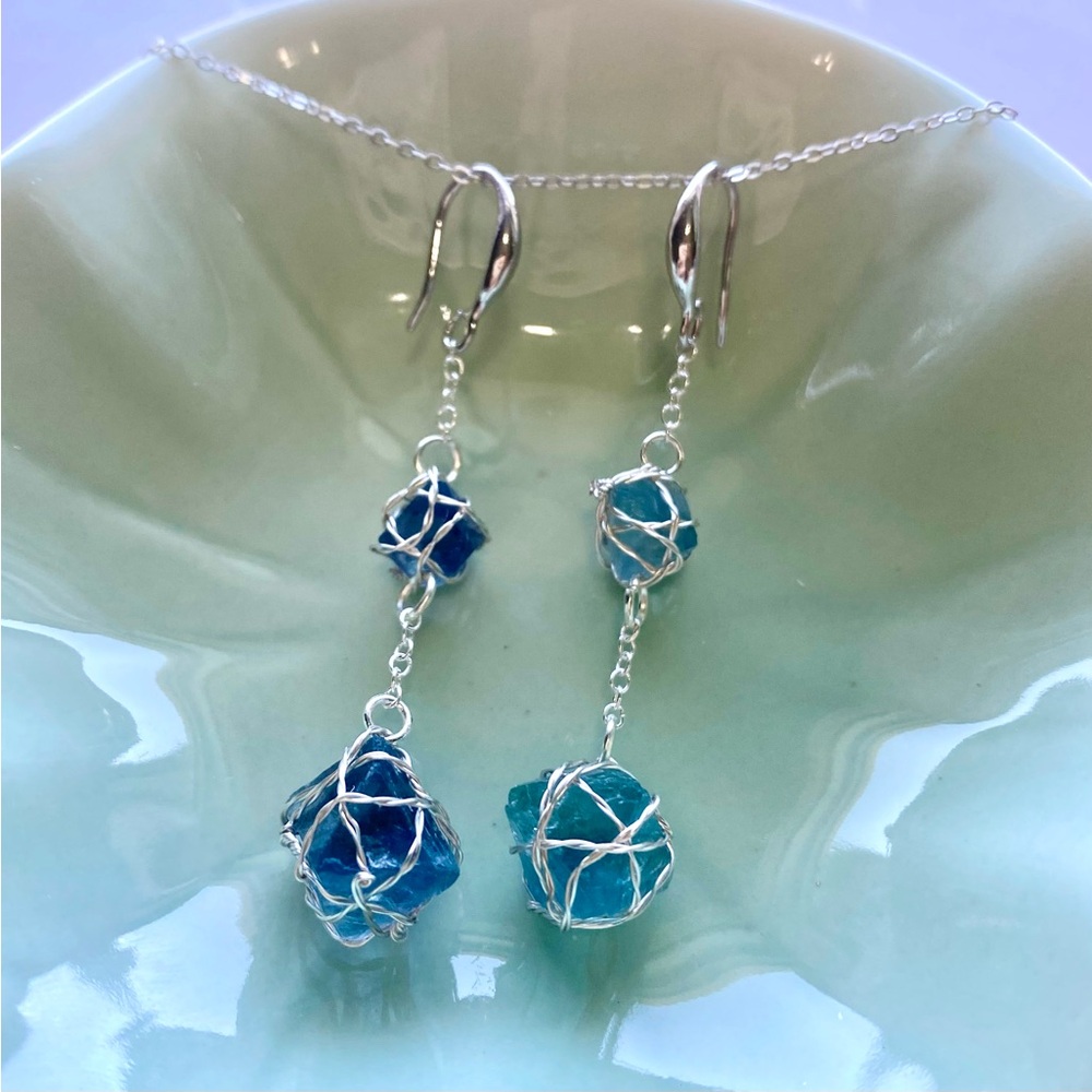 Silver and Blue Fluorite Octahedron Dangle Earrings E2 - Picture 2 of 2